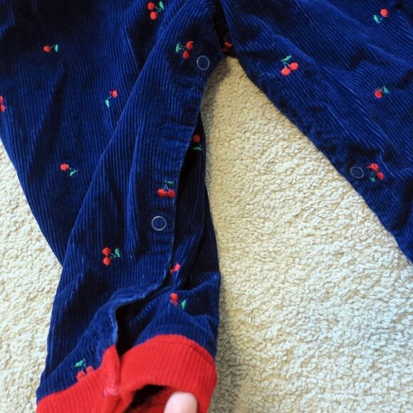Vintage 80s Overalls Jumpsuit Girls Romper & Shirt Navy Corduroy Cherries 24M - Picture 5 of 8